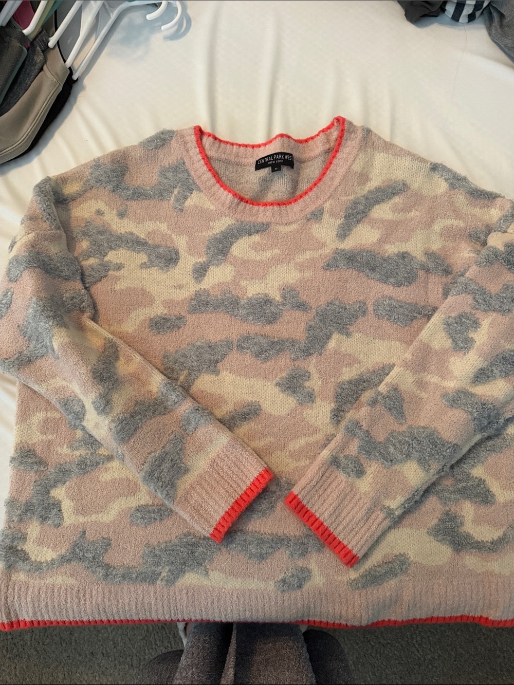 Central Park West Pink, Gray & Cream Camo Crewneck with Coral Trim